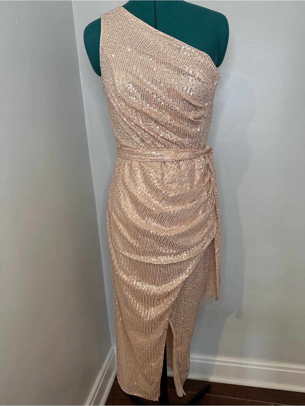 Grace Karin One-Shoulder Sequin Draped Midi Dress in Rose